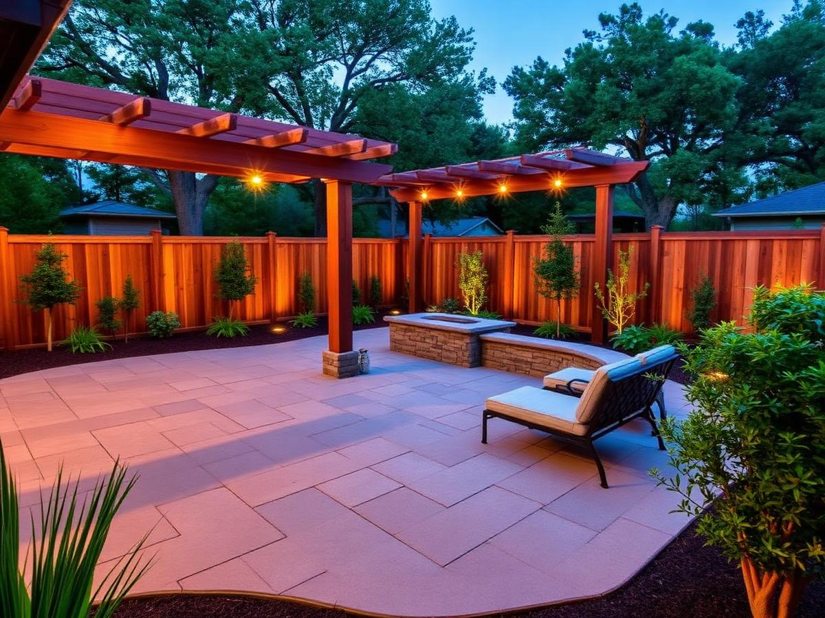 Same backyard transformed with cedar fence, patio, and pergola
