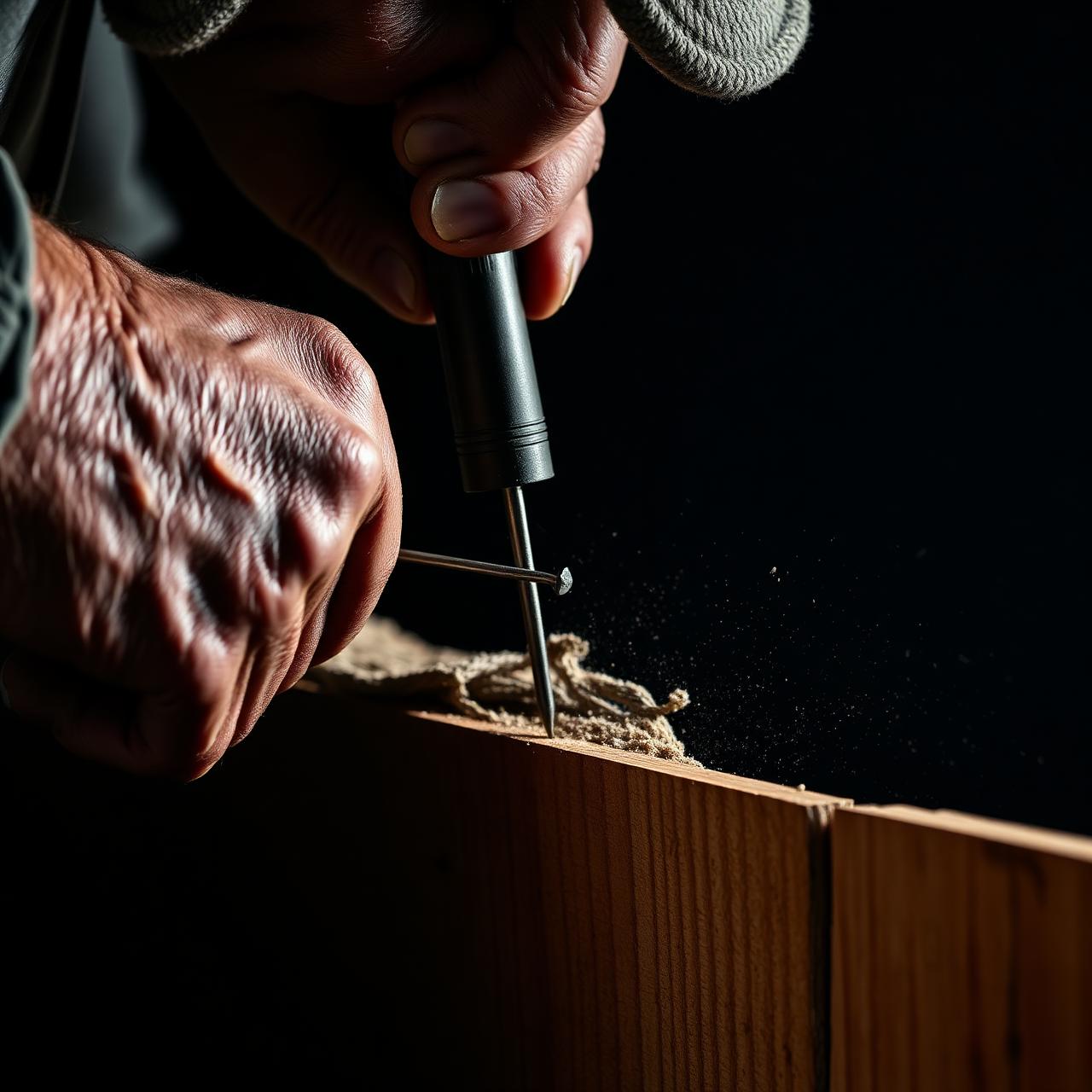 Close-up of veteran craftsman hands driving a nail into cedar